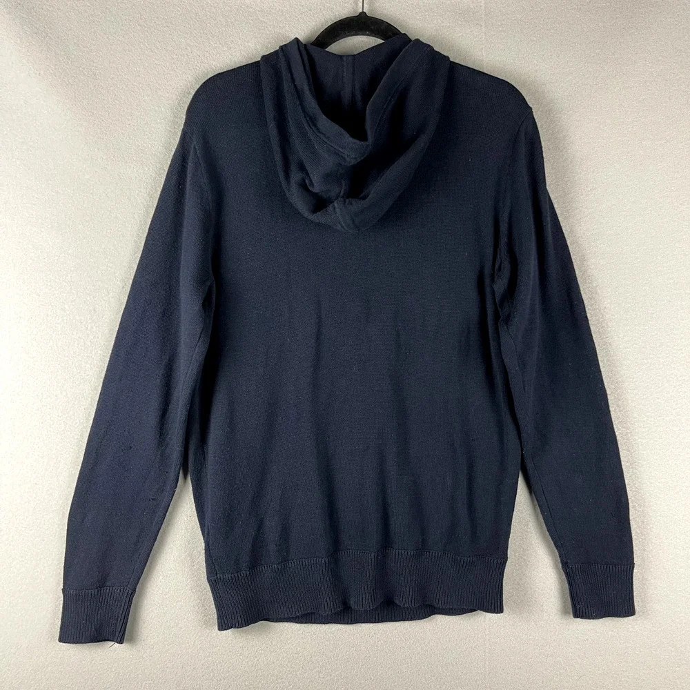 J Crew Hooded Sweater Mens Medium Blue Clasp‎ Buckle Pockets Cotton Pullover